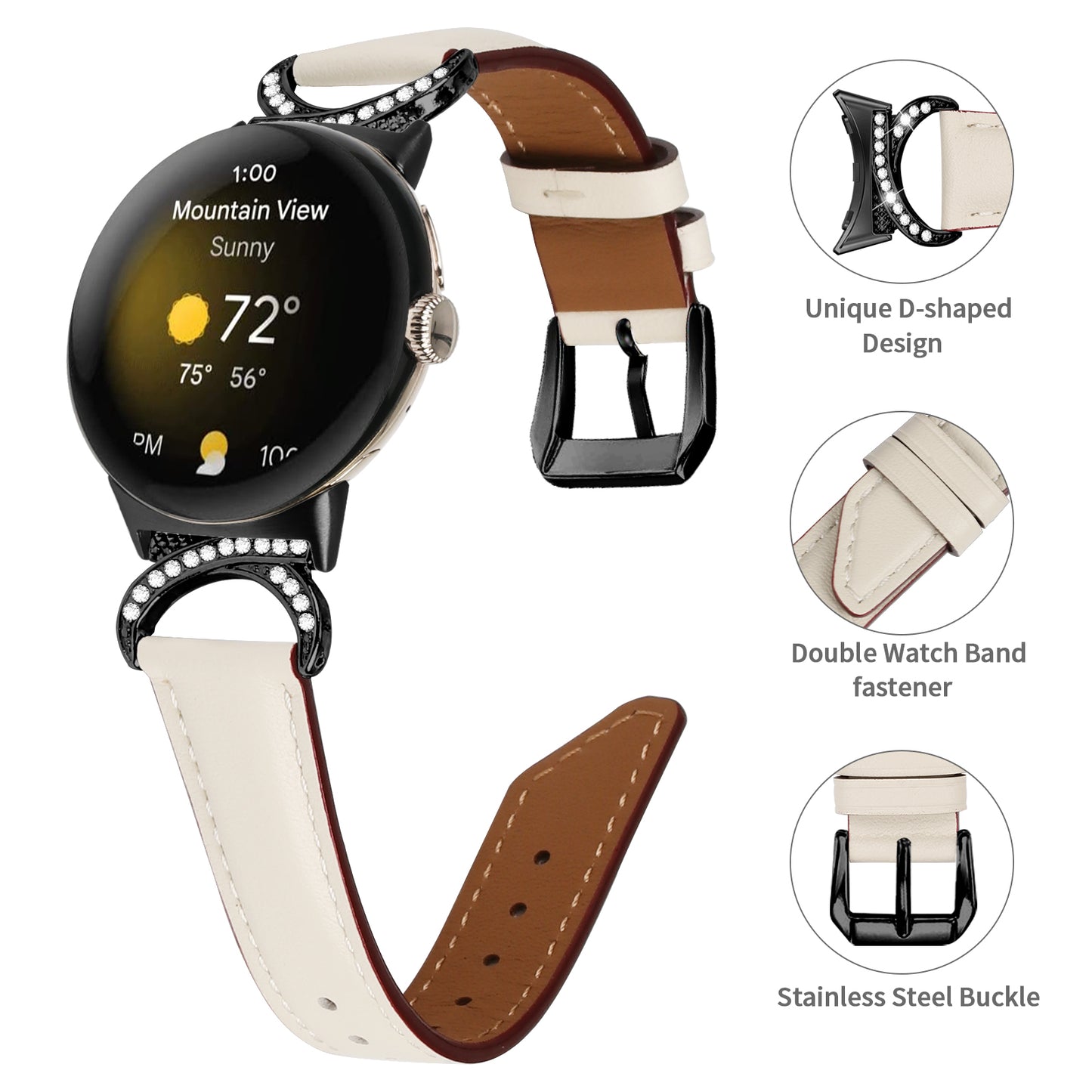 For Google Pixel Watch 2 / Pixel Watch Rhinestone Decor D-shape Connector Split Leather Replacement Strap with Black Buckle