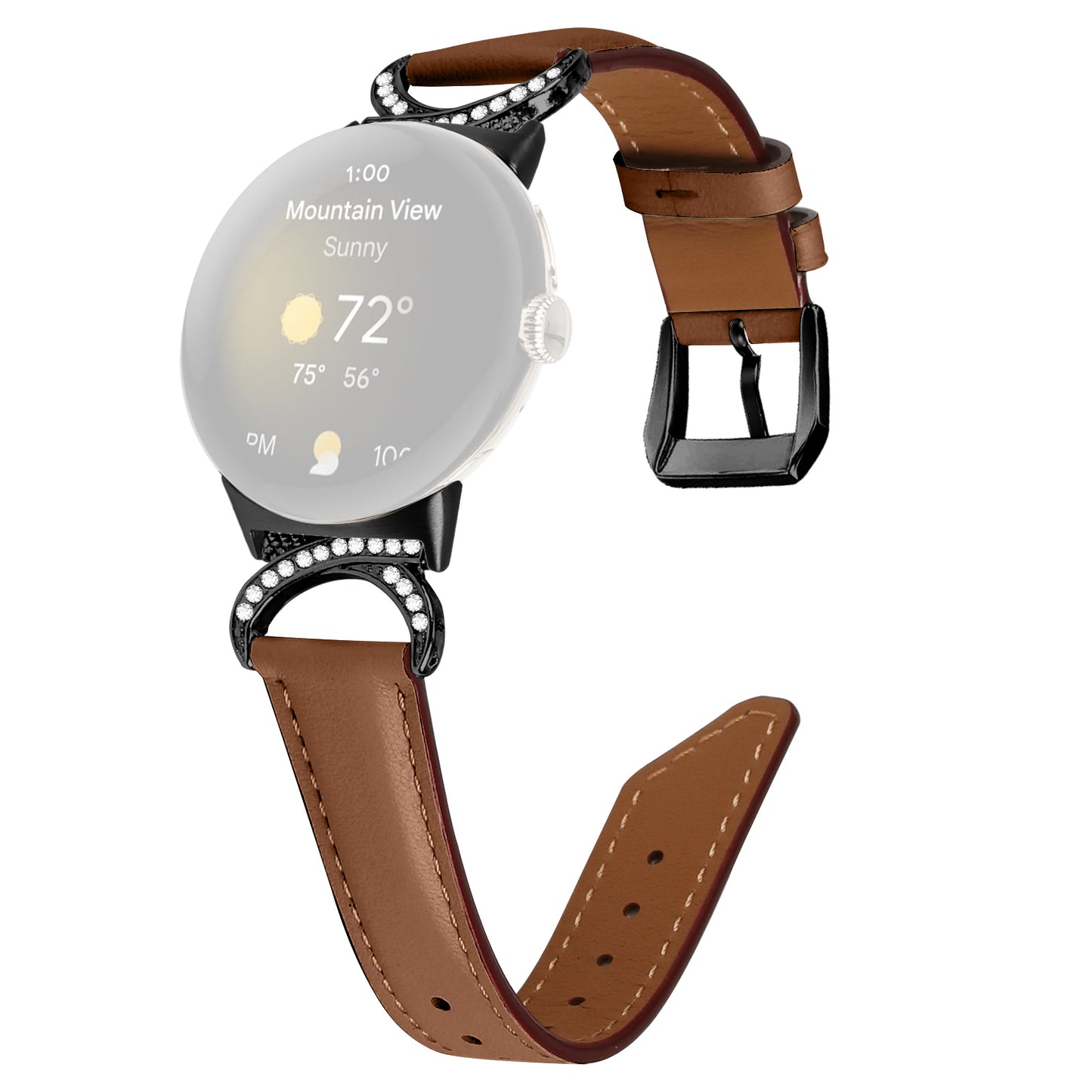 For Google Pixel Watch 2 / Pixel Watch Rhinestone Decor D-shape Connector Split Leather Replacement Strap with Black Buckle