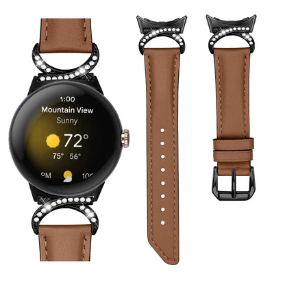 For Google Pixel Watch 2 / Pixel Watch Rhinestone Decor D-shape Connector Split Leather Replacement Strap with Black Buckle