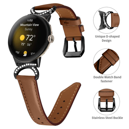 For Google Pixel Watch 2 / Pixel Watch Rhinestone Decor D-shape Connector Split Leather Replacement Strap with Black Buckle