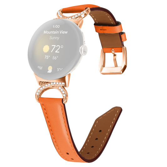 For Google Pixel Watch 2 / Pixel Watch Wrist Band Rhinestone Decor D-shape Connector Split Leather Strap with Rose Gold Buckle