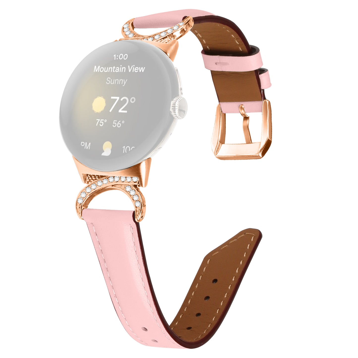 For Google Pixel Watch 2 / Pixel Watch Wrist Band Rhinestone Decor D-shape Connector Split Leather Strap with Rose Gold Buckle