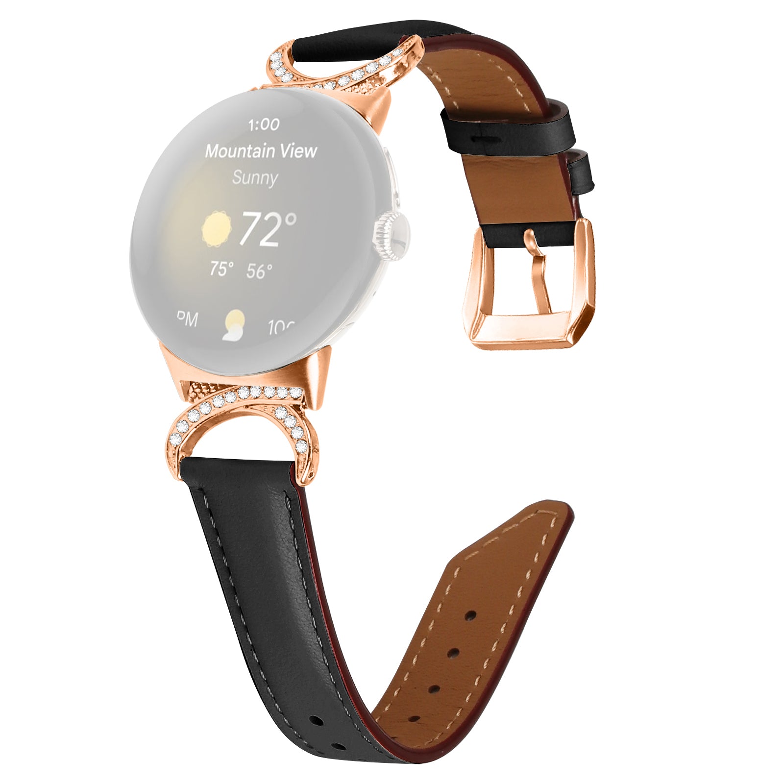 For Google Pixel Watch 2 / Pixel Watch Wrist Band Rhinestone Decor D-shape Connector Split Leather Strap with Rose Gold Buckle