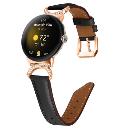 For Google Pixel Watch 2 / Pixel Watch Wrist Band Rhinestone Decor D-shape Connector Split Leather Strap with Rose Gold Buckle