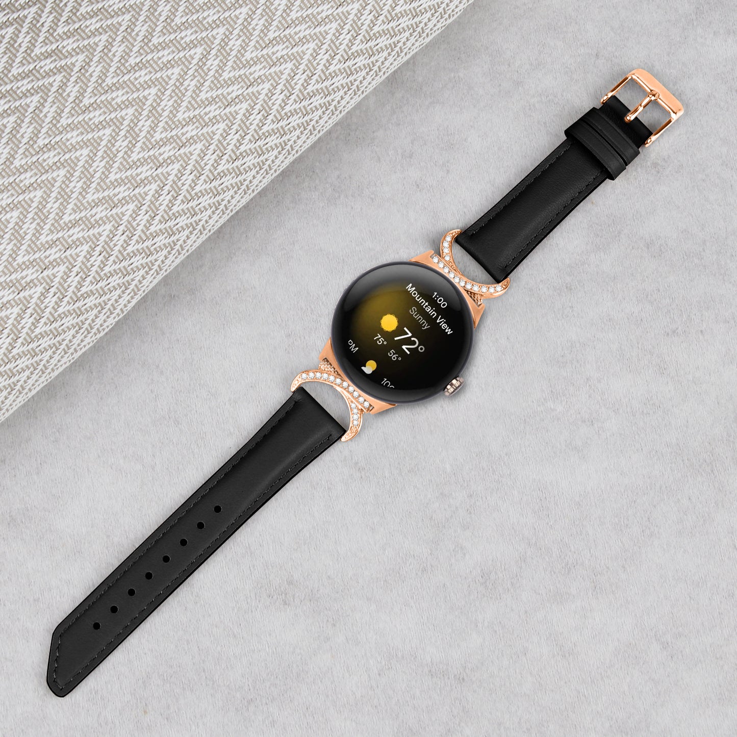 For Google Pixel Watch 2 / Pixel Watch Wrist Band Rhinestone Decor D-shape Connector Split Leather Strap with Rose Gold Buckle