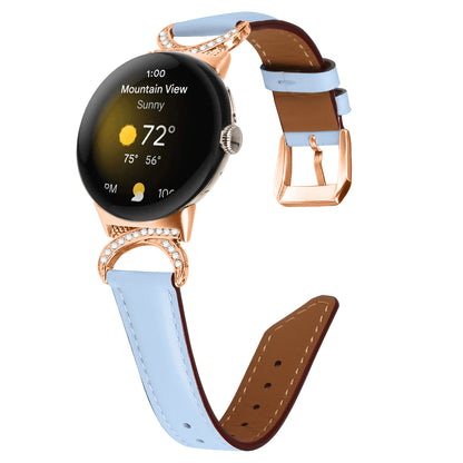 For Google Pixel Watch 2 / Pixel Watch Wrist Band Rhinestone Decor D-shape Connector Split Leather Strap with Rose Gold Buckle