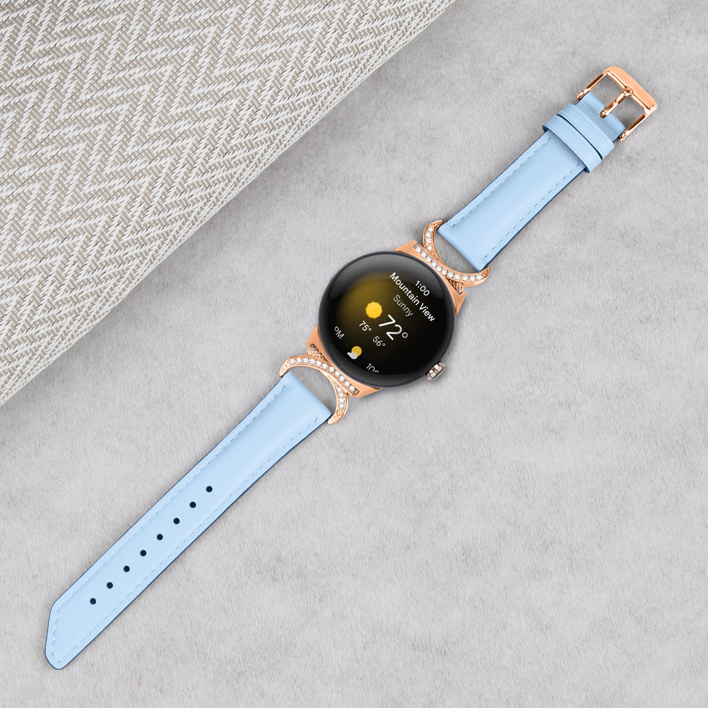 For Google Pixel Watch 2 / Pixel Watch Wrist Band Rhinestone Decor D-shape Connector Split Leather Strap with Rose Gold Buckle