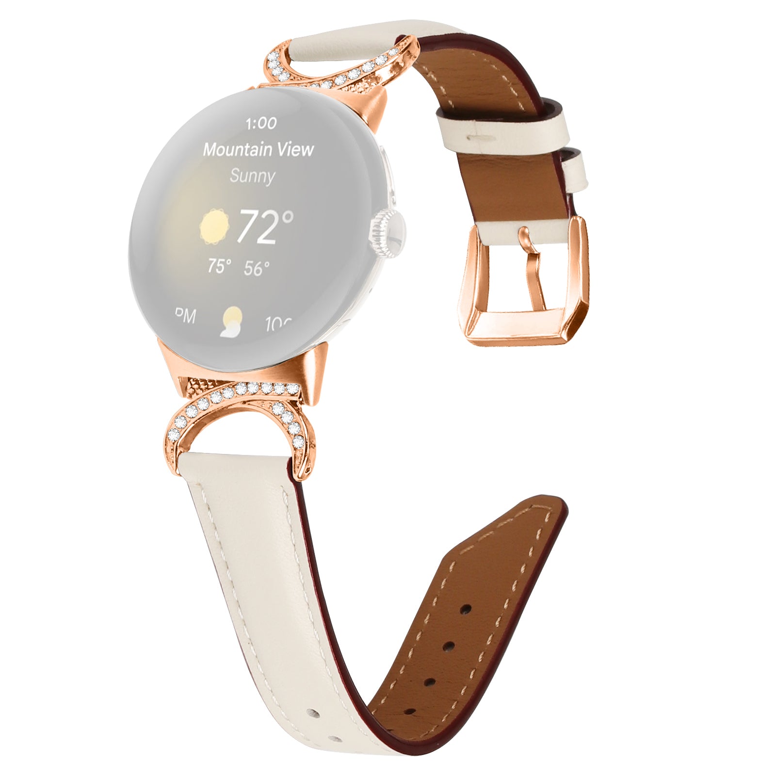 For Google Pixel Watch 2 / Pixel Watch Wrist Band Rhinestone Decor D-shape Connector Split Leather Strap with Rose Gold Buckle