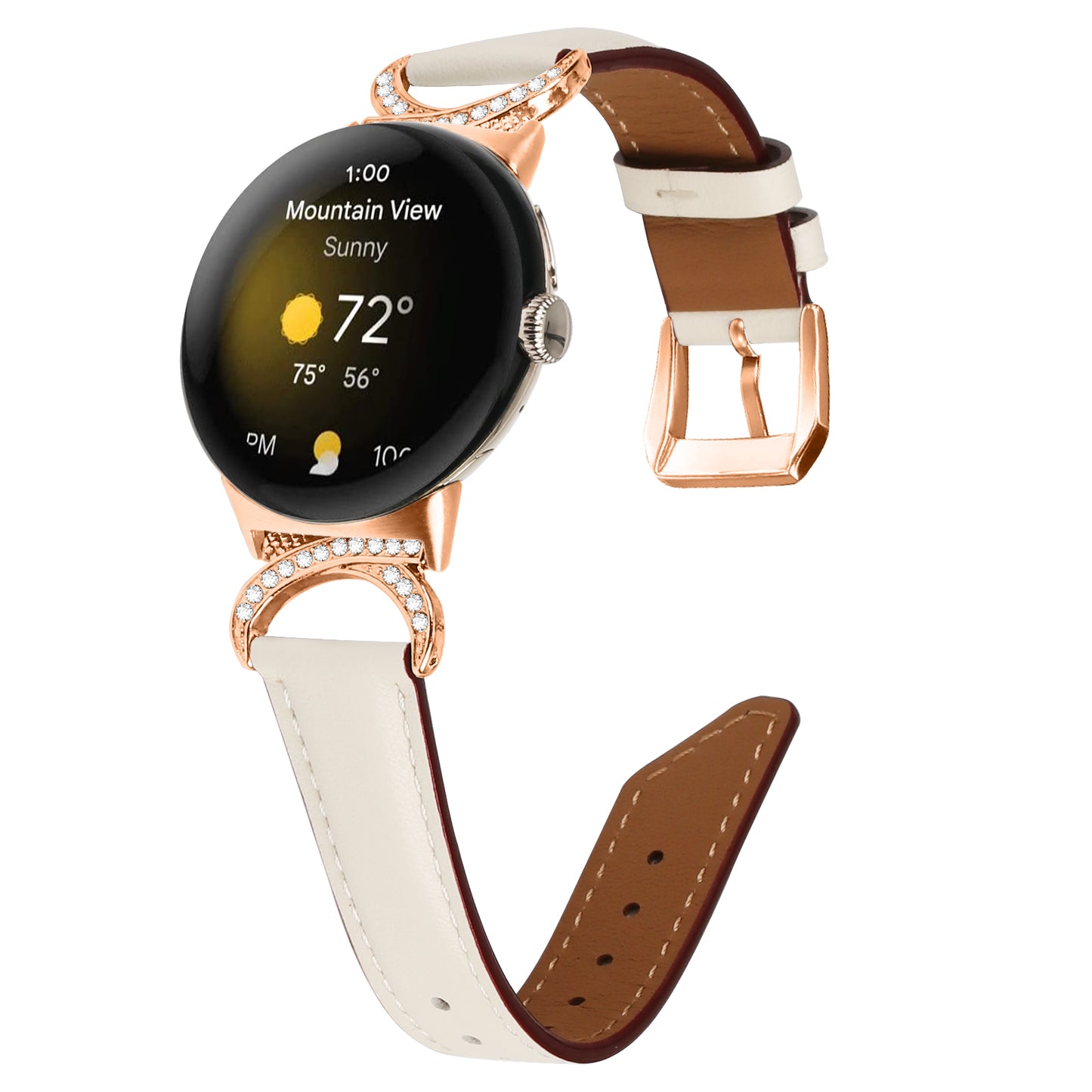 For Google Pixel Watch 2 / Pixel Watch Wrist Band Rhinestone Decor D-shape Connector Split Leather Strap with Rose Gold Buckle