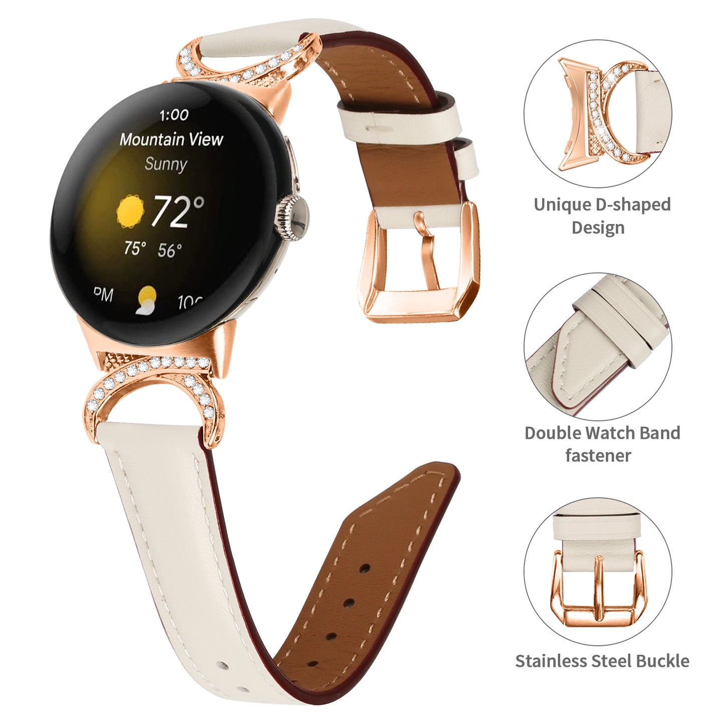 For Google Pixel Watch 2 / Pixel Watch Wrist Band Rhinestone Decor D-shape Connector Split Leather Strap with Rose Gold Buckle