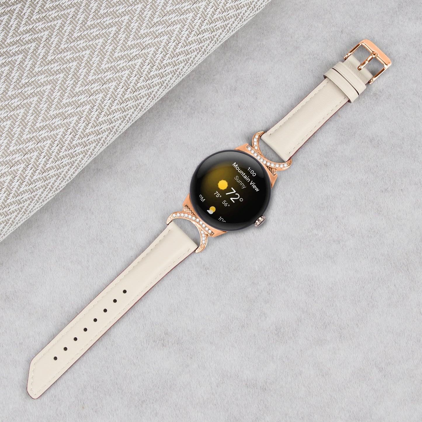 For Google Pixel Watch 2 / Pixel Watch Wrist Band Rhinestone Decor D-shape Connector Split Leather Strap with Rose Gold Buckle