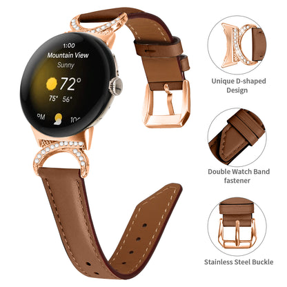 For Google Pixel Watch 2 / Pixel Watch Wrist Band Rhinestone Decor D-shape Connector Split Leather Strap with Rose Gold Buckle