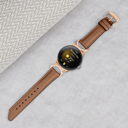 For Google Pixel Watch 2 / Pixel Watch Wrist Band Rhinestone Decor D-shape Connector Split Leather Strap with Rose Gold Buckle