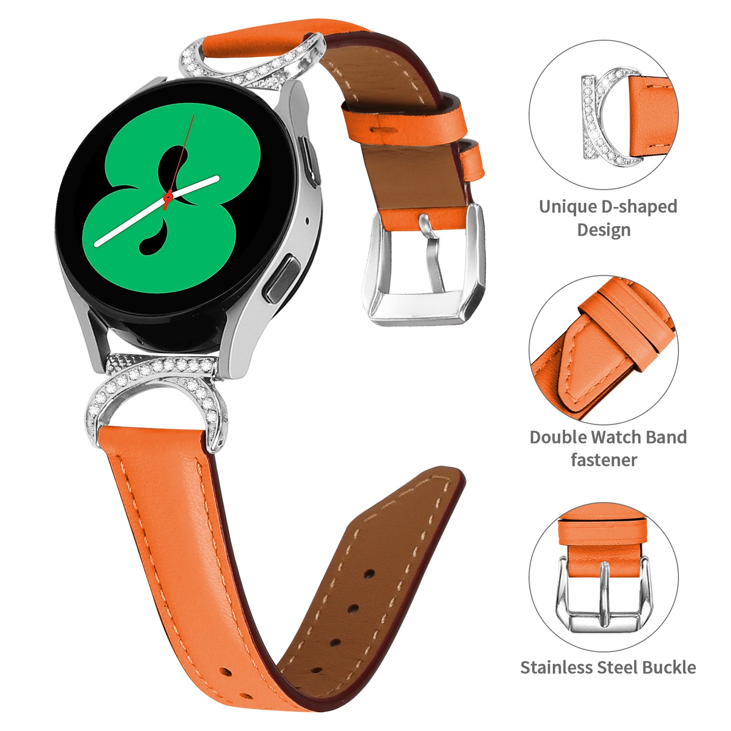 For Samsung Galaxy Watch 3 41mm / Watch 5 40mm / 44mm Replacement Strap 20mm Rhinestone D-shape Connector Split Leather Band with Silver Buckle