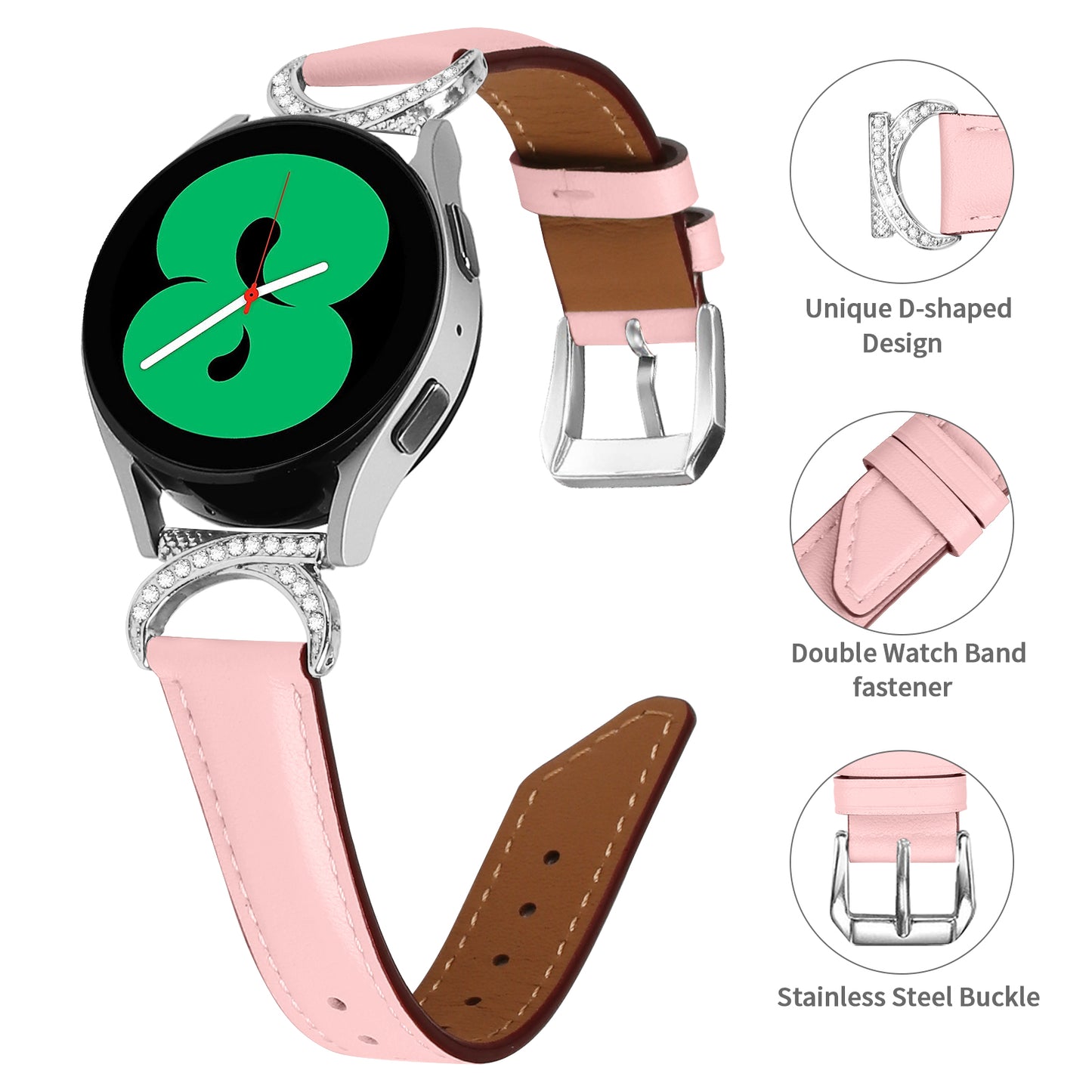 For Samsung Galaxy Watch 3 41mm / Watch 5 40mm / 44mm Replacement Strap 20mm Rhinestone D-shape Connector Split Leather Band with Silver Buckle