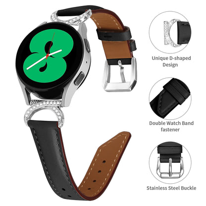 For Samsung Galaxy Watch 3 41mm / Watch 5 40mm / 44mm Replacement Strap 20mm Rhinestone D-shape Connector Split Leather Band with Silver Buckle