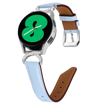 For Samsung Galaxy Watch 3 41mm / Watch 5 40mm / 44mm Replacement Strap 20mm Rhinestone D-shape Connector Split Leather Band with Silver Buckle