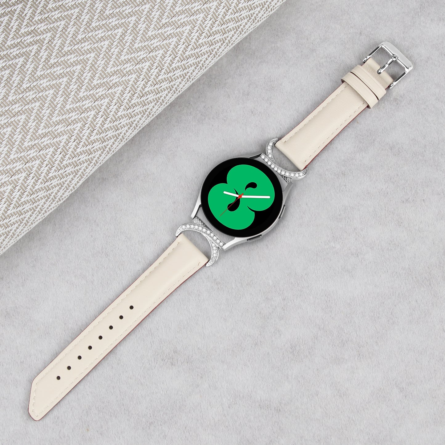 For Samsung Galaxy Watch 3 41mm / Watch 5 40mm / 44mm Replacement Strap 20mm Rhinestone D-shape Connector Split Leather Band with Silver Buckle