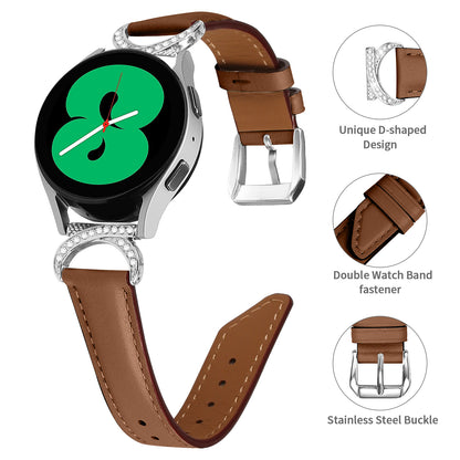 For Samsung Galaxy Watch 3 41mm / Watch 5 40mm / 44mm Replacement Strap 20mm Rhinestone D-shape Connector Split Leather Band with Silver Buckle