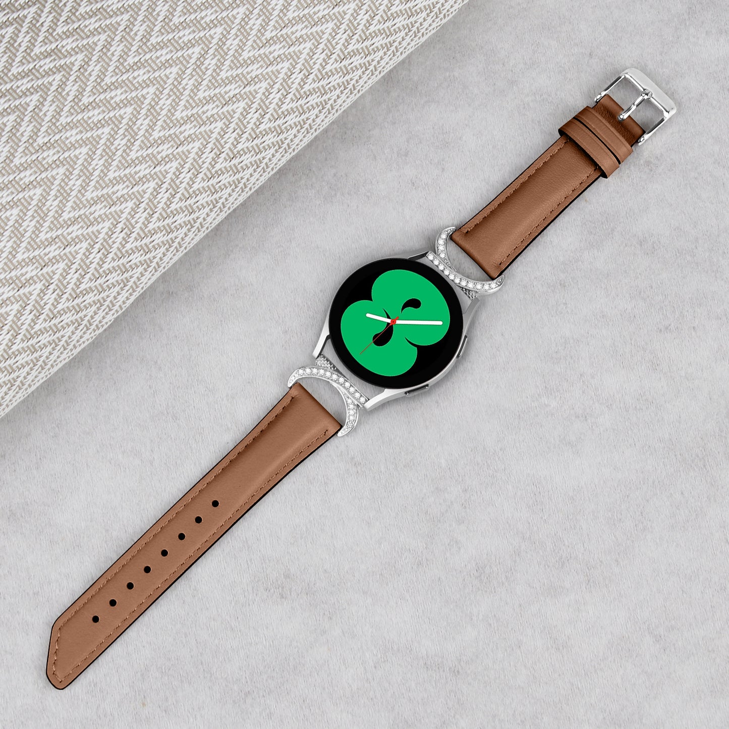 For Samsung Galaxy Watch 3 41mm / Watch 5 40mm / 44mm Replacement Strap 20mm Rhinestone D-shape Connector Split Leather Band with Silver Buckle