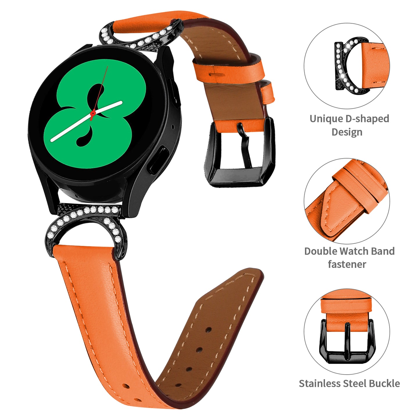 For Samsung Galaxy Watch 3 41mm / Watch 5 40mm / 44mm Replacement Wrist Band 20mm Rhinestone D-shape Connector Split Leather Strap with Black Buckle