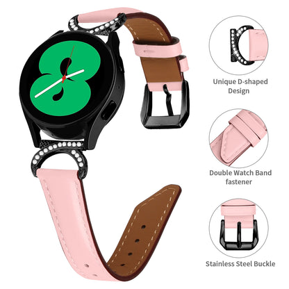 For Samsung Galaxy Watch 3 41mm / Watch 5 40mm / 44mm Replacement Wrist Band 20mm Rhinestone D-shape Connector Split Leather Strap with Black Buckle