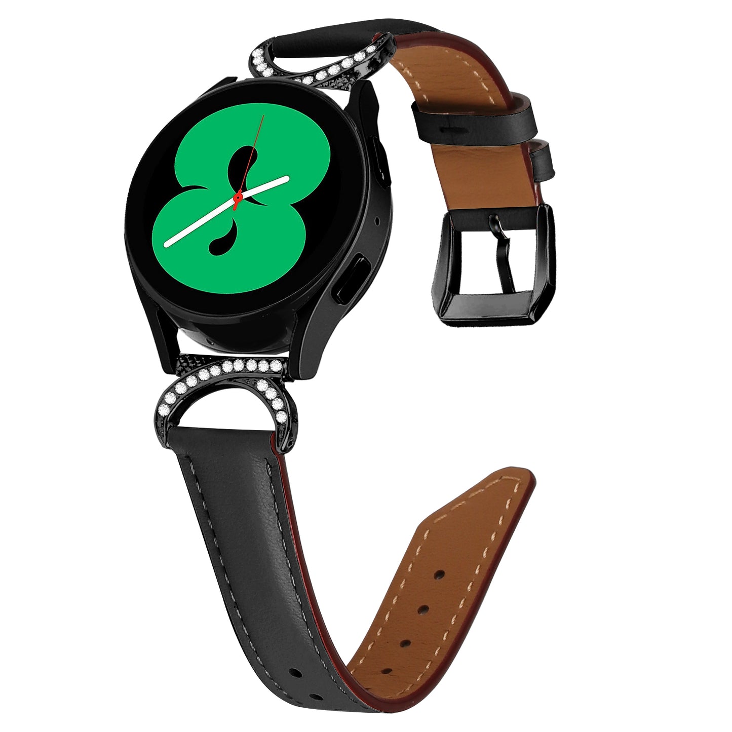 For Samsung Galaxy Watch 3 41mm / Watch 5 40mm / 44mm Replacement Wrist Band 20mm Rhinestone D-shape Connector Split Leather Strap with Black Buckle