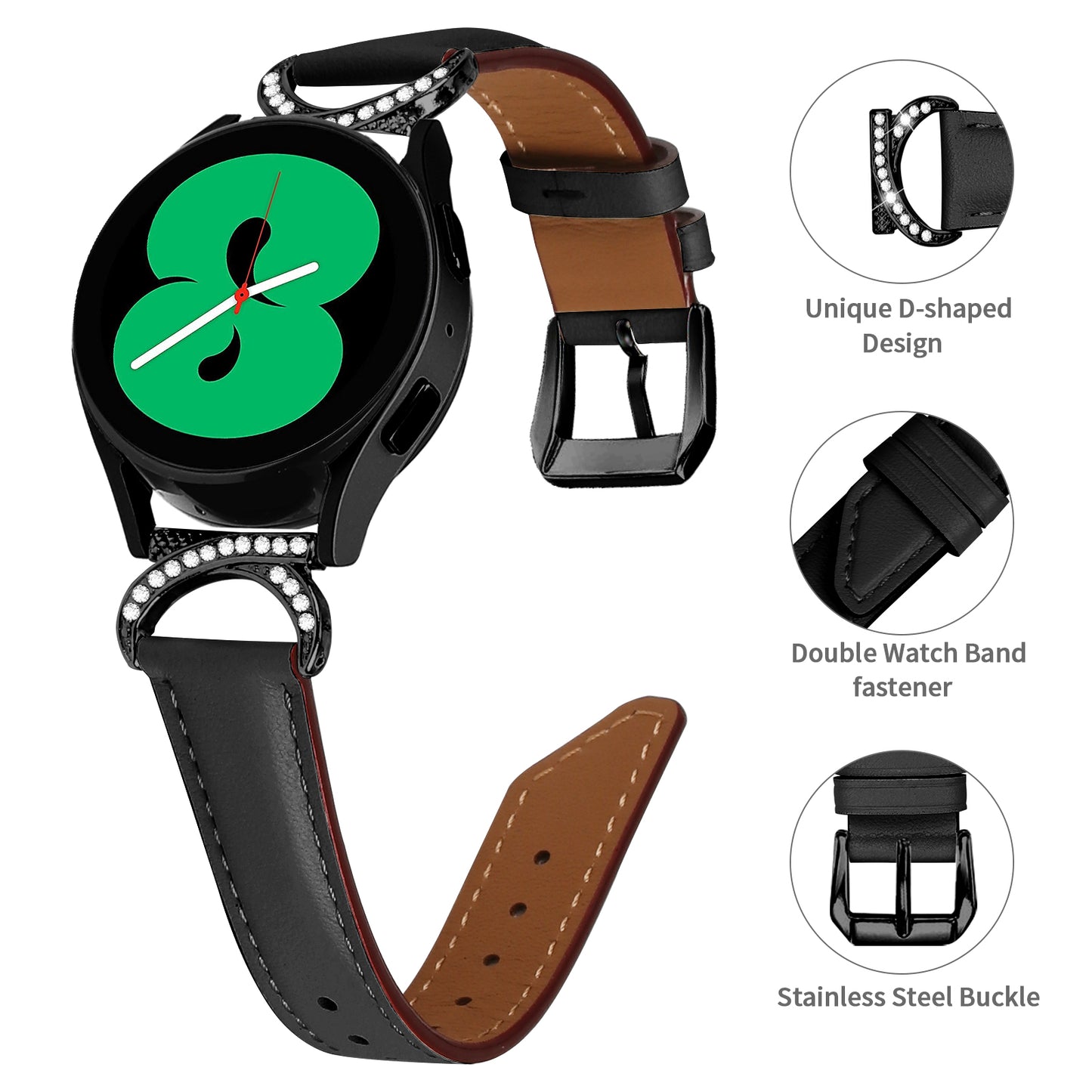 For Samsung Galaxy Watch 3 41mm / Watch 5 40mm / 44mm Replacement Wrist Band 20mm Rhinestone D-shape Connector Split Leather Strap with Black Buckle