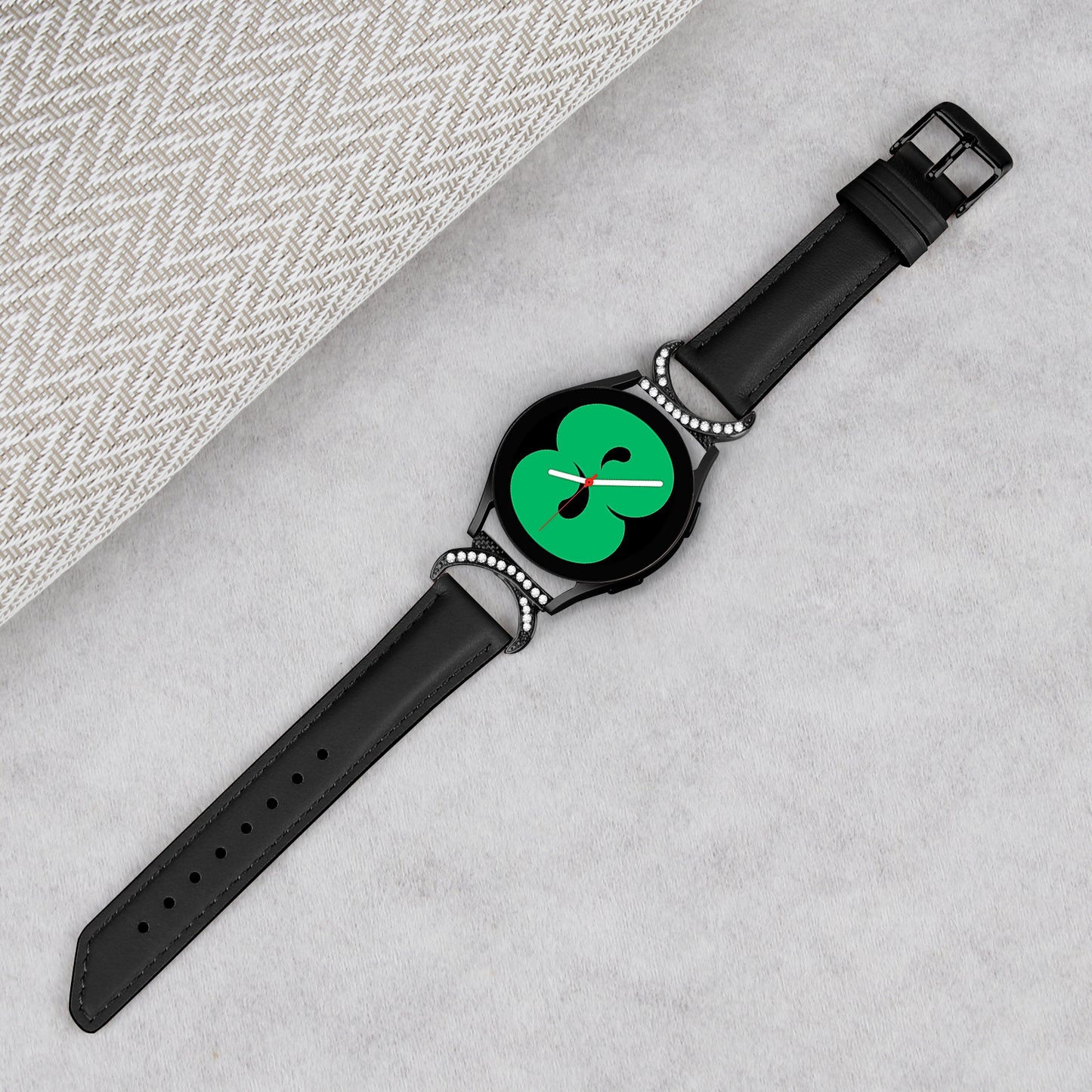 For Samsung Galaxy Watch 3 41mm / Watch 5 40mm / 44mm Replacement Wrist Band 20mm Rhinestone D-shape Connector Split Leather Strap with Black Buckle