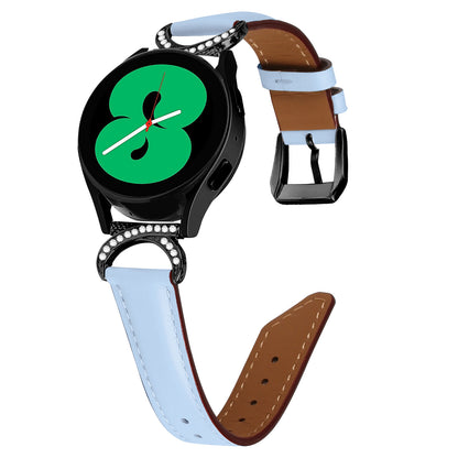 For Samsung Galaxy Watch 3 41mm / Watch 5 40mm / 44mm Replacement Wrist Band 20mm Rhinestone D-shape Connector Split Leather Strap with Black Buckle