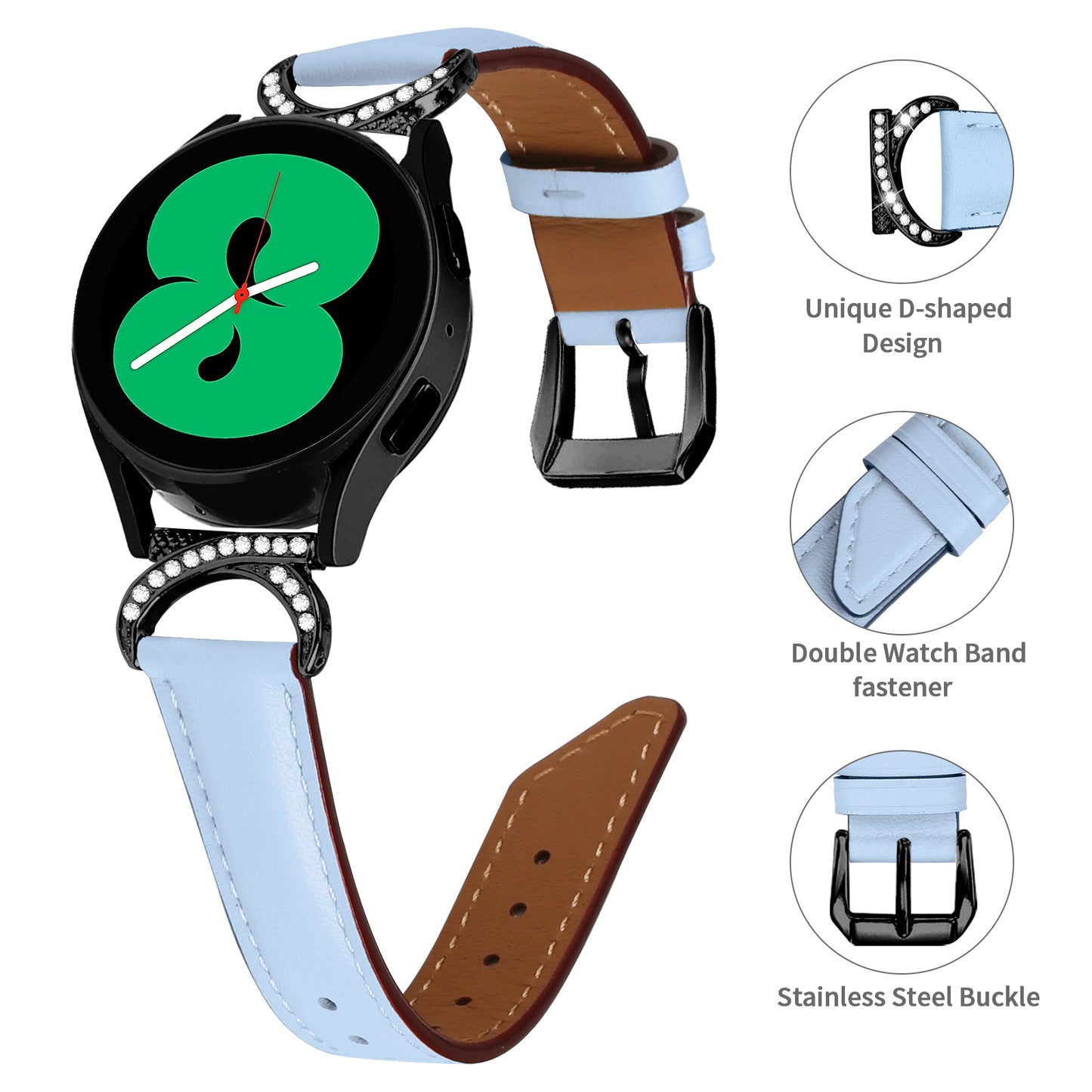 For Samsung Galaxy Watch 3 41mm / Watch 5 40mm / 44mm Replacement Wrist Band 20mm Rhinestone D-shape Connector Split Leather Strap with Black Buckle