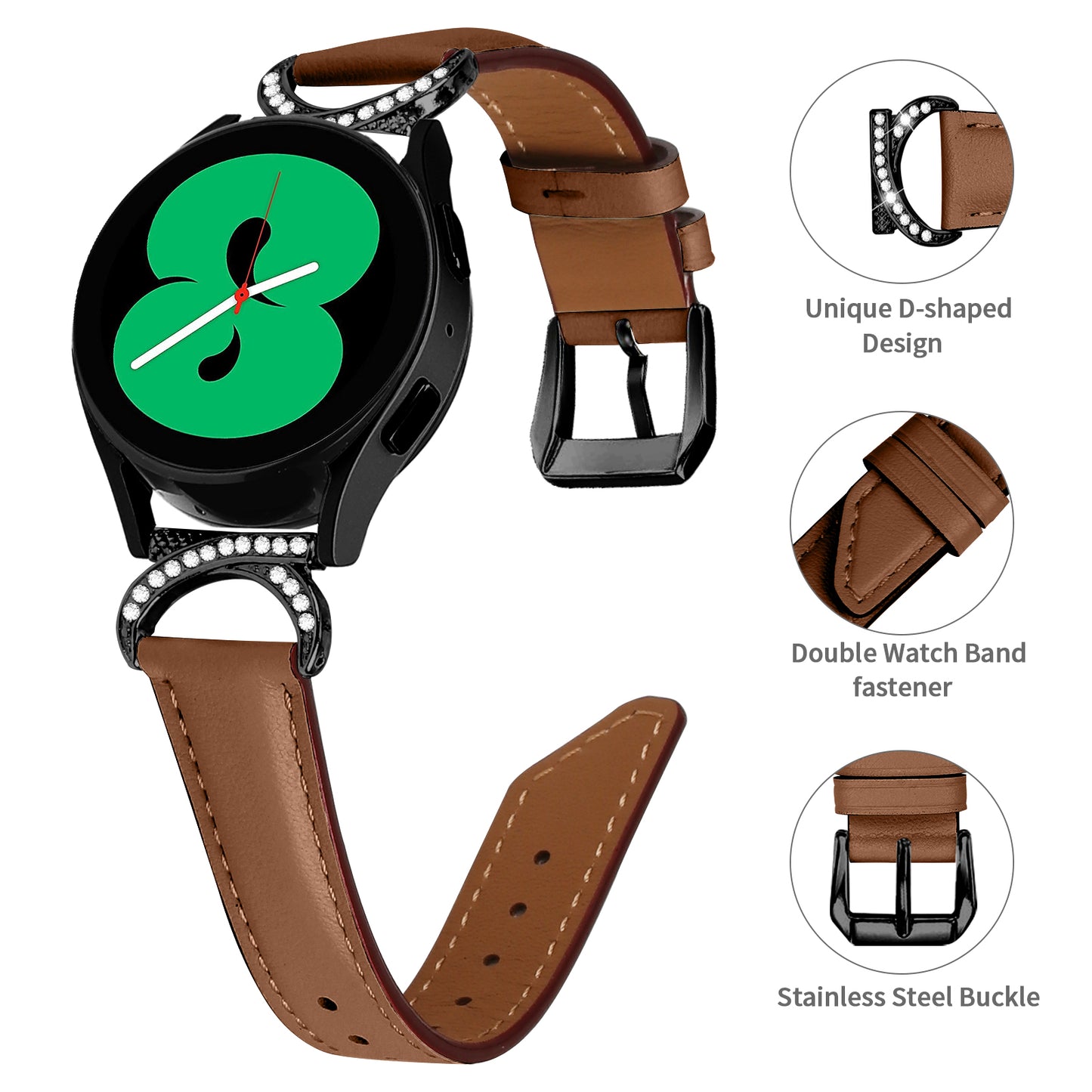 For Samsung Galaxy Watch 3 41mm / Watch 5 40mm / 44mm Replacement Wrist Band 20mm Rhinestone D-shape Connector Split Leather Strap with Black Buckle