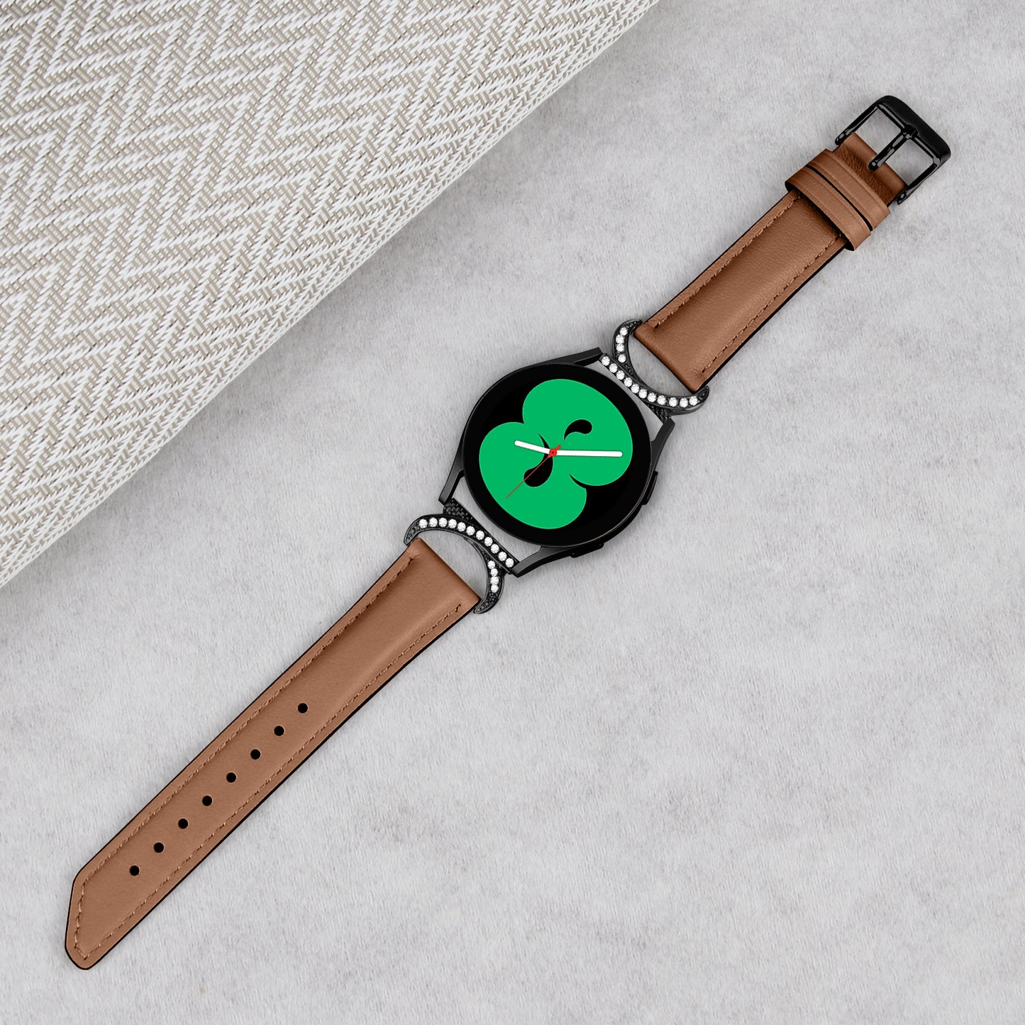 For Samsung Galaxy Watch 3 41mm / Watch 5 40mm / 44mm Replacement Wrist Band 20mm Rhinestone D-shape Connector Split Leather Strap with Black Buckle