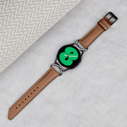 For Samsung Galaxy Watch 3 41mm / Watch 5 40mm / 44mm Replacement Wrist Band 20mm Rhinestone D-shape Connector Split Leather Strap with Black Buckle