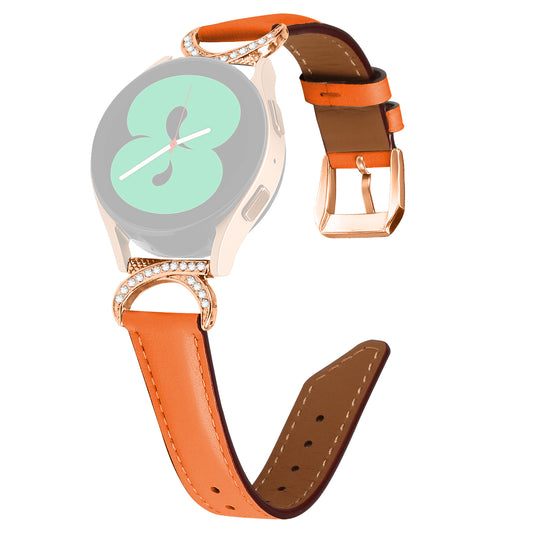 For Samsung Galaxy Watch 3 41mm / Watch 5 40mm / 44mm Split Leather Strap 20mm Rhinestone D-shape Connector Wrist Band with Rose Gold Buckle