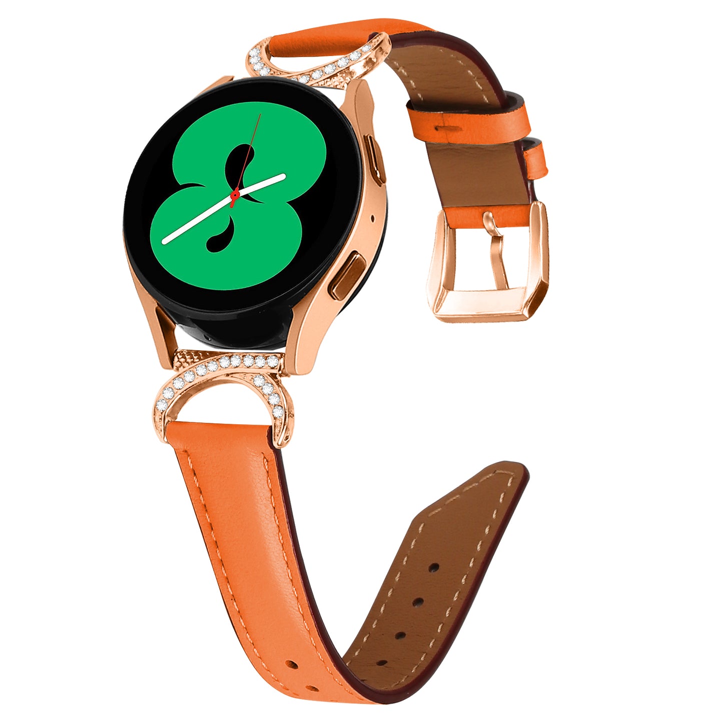 For Samsung Galaxy Watch 3 41mm / Watch 5 40mm / 44mm Split Leather Strap 20mm Rhinestone D-shape Connector Wrist Band with Rose Gold Buckle