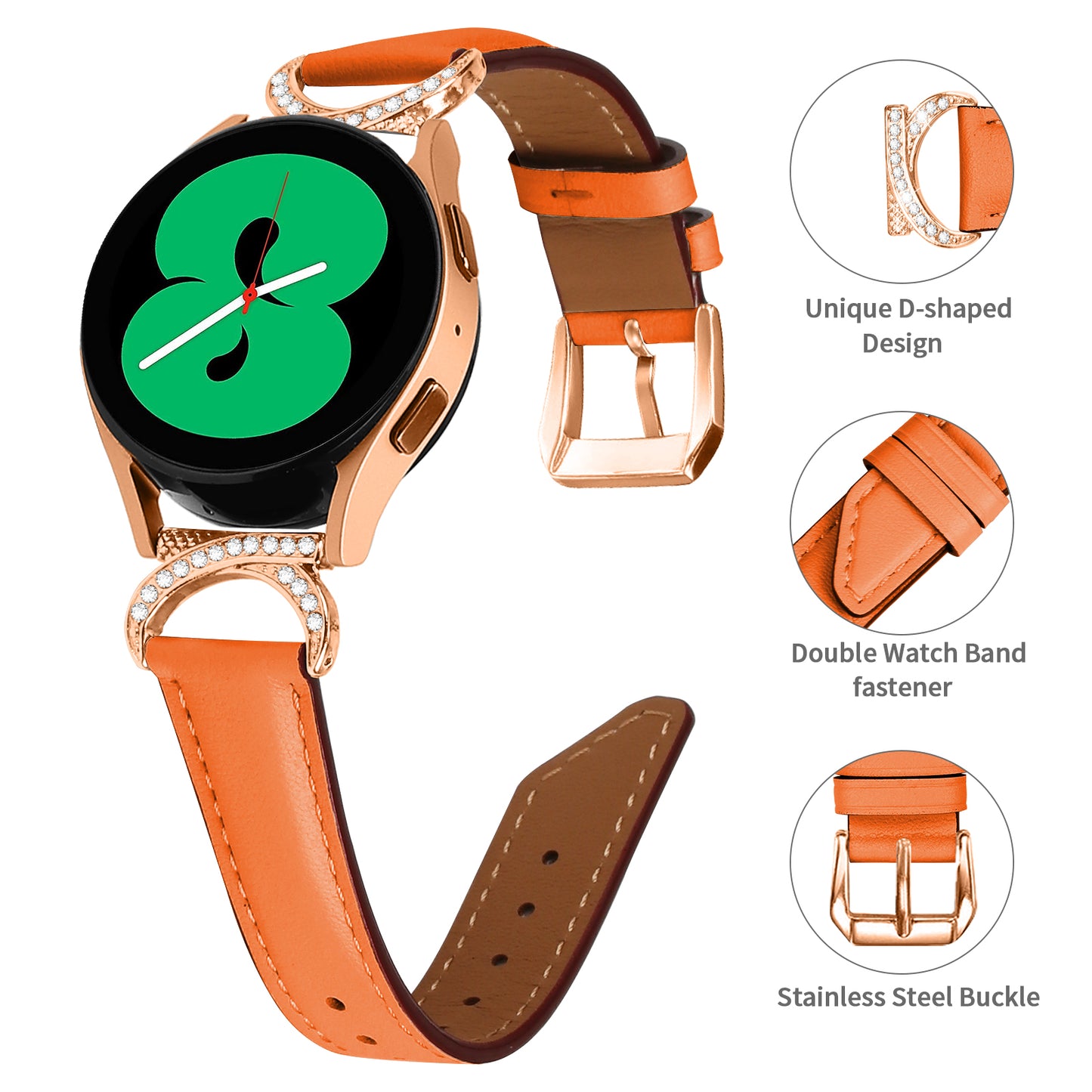 For Samsung Galaxy Watch 3 41mm / Watch 5 40mm / 44mm Split Leather Strap 20mm Rhinestone D-shape Connector Wrist Band with Rose Gold Buckle