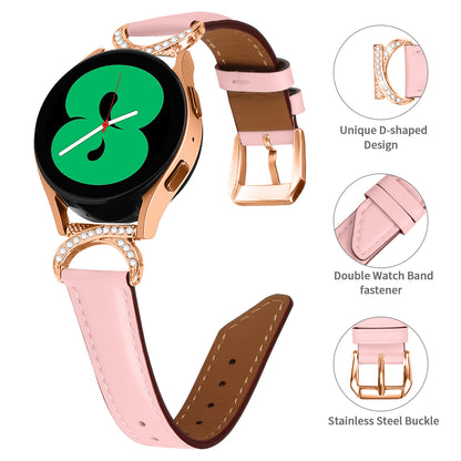 For Samsung Galaxy Watch 3 41mm / Watch 5 40mm / 44mm Split Leather Strap 20mm Rhinestone D-shape Connector Wrist Band with Rose Gold Buckle