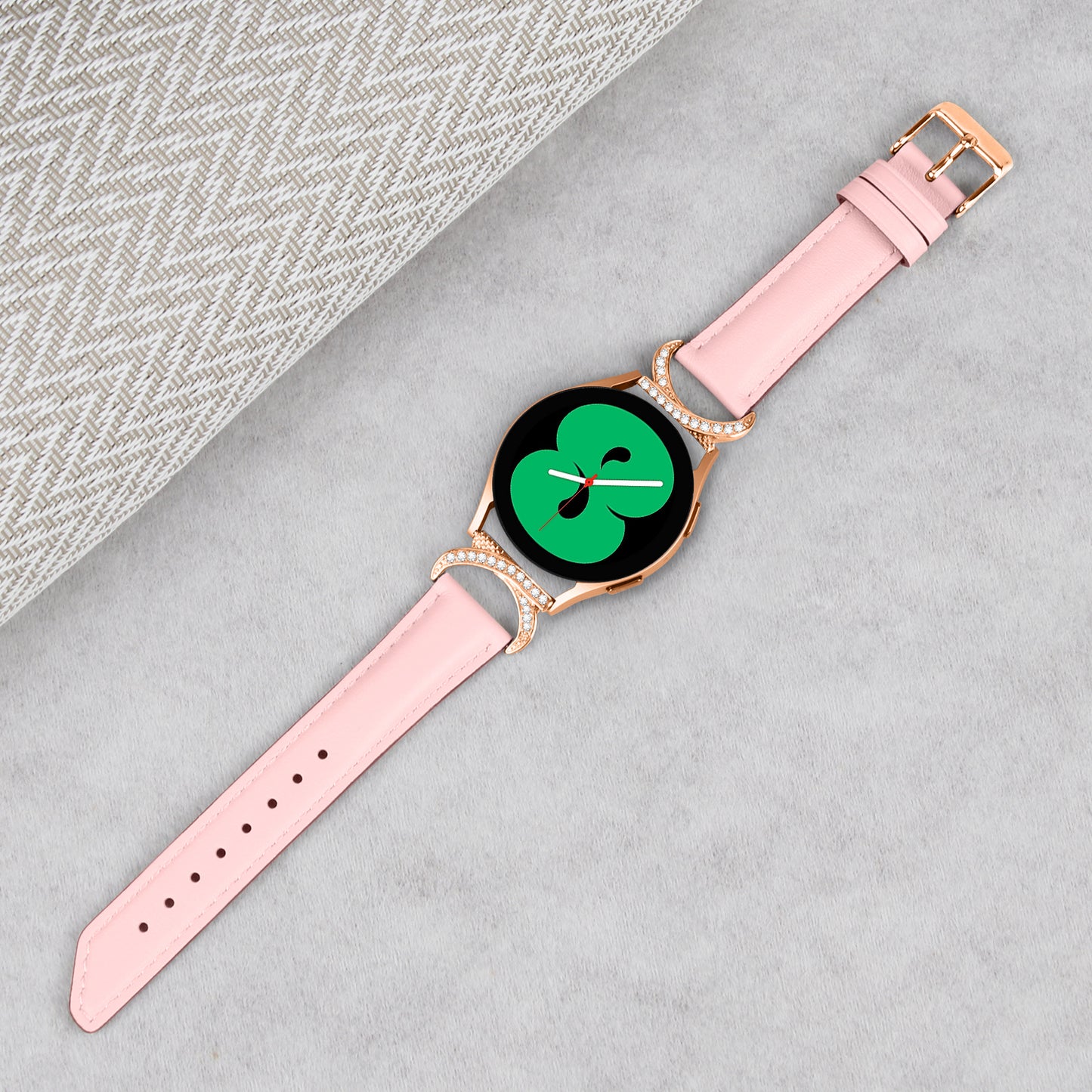 For Samsung Galaxy Watch 3 41mm / Watch 5 40mm / 44mm Split Leather Strap 20mm Rhinestone D-shape Connector Wrist Band with Rose Gold Buckle