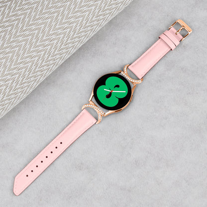 For Samsung Galaxy Watch 3 41mm / Watch 5 40mm / 44mm Split Leather Strap 20mm Rhinestone D-shape Connector Wrist Band with Rose Gold Buckle