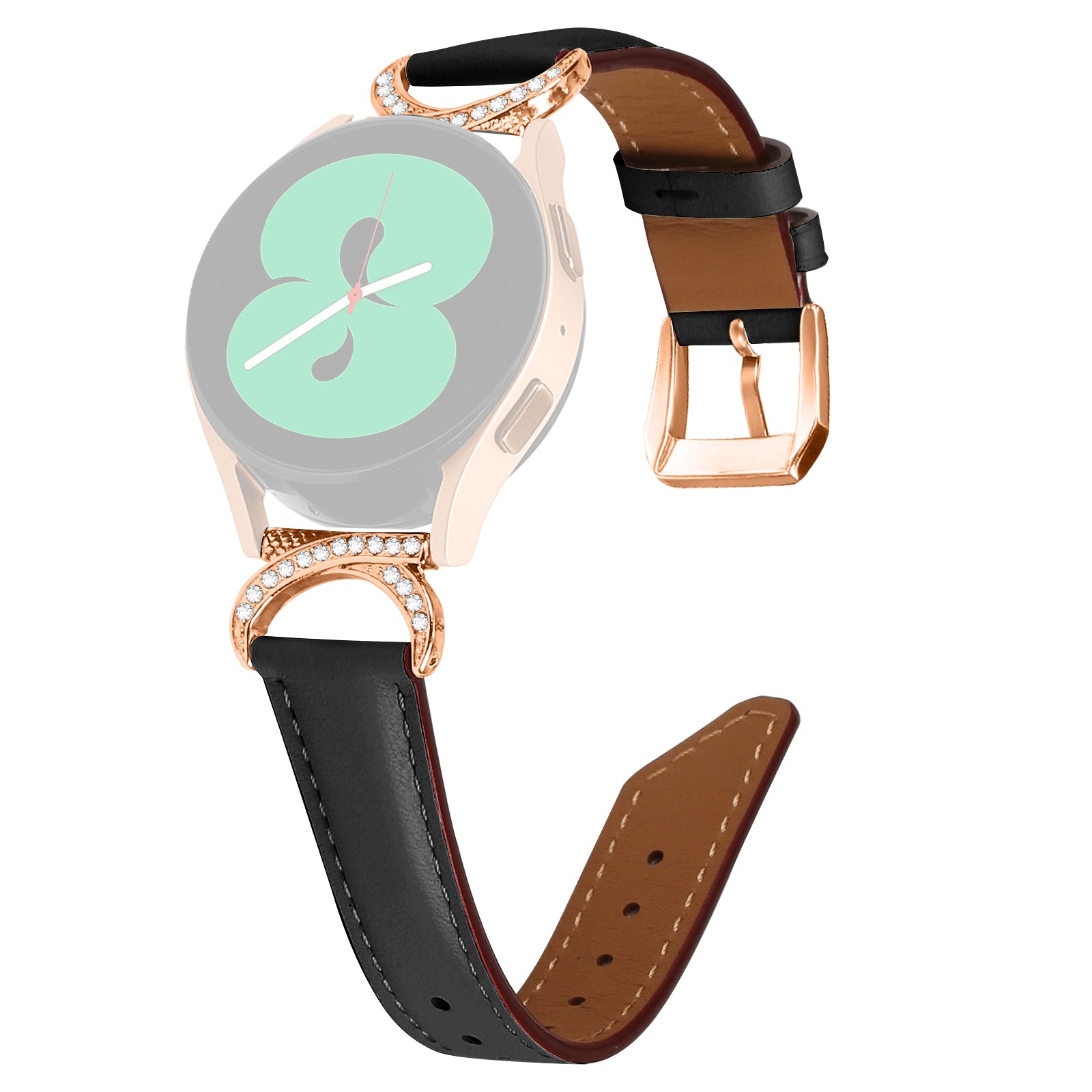 For Samsung Galaxy Watch 3 41mm / Watch 5 40mm / 44mm Split Leather Strap 20mm Rhinestone D-shape Connector Wrist Band with Rose Gold Buckle