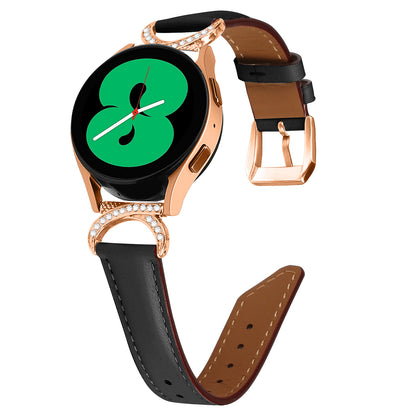 For Samsung Galaxy Watch 3 41mm / Watch 5 40mm / 44mm Split Leather Strap 20mm Rhinestone D-shape Connector Wrist Band with Rose Gold Buckle