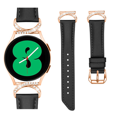 For Samsung Galaxy Watch 3 41mm / Watch 5 40mm / 44mm Split Leather Strap 20mm Rhinestone D-shape Connector Wrist Band with Rose Gold Buckle