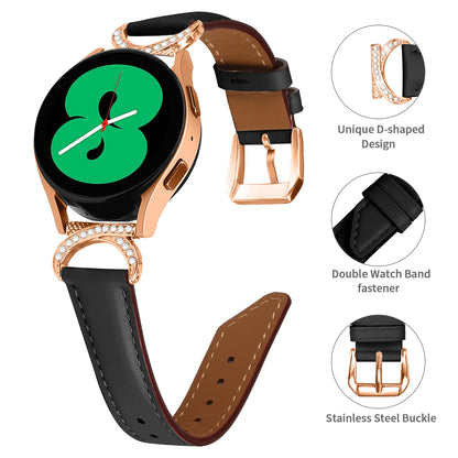 For Samsung Galaxy Watch 3 41mm / Watch 5 40mm / 44mm Split Leather Strap 20mm Rhinestone D-shape Connector Wrist Band with Rose Gold Buckle