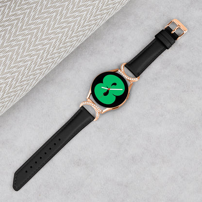 For Samsung Galaxy Watch 3 41mm / Watch 5 40mm / 44mm Split Leather Strap 20mm Rhinestone D-shape Connector Wrist Band with Rose Gold Buckle