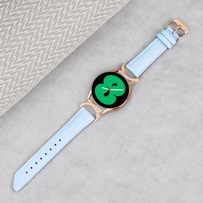 For Samsung Galaxy Watch 3 41mm / Watch 5 40mm / 44mm Split Leather Strap 20mm Rhinestone D-shape Connector Wrist Band with Rose Gold Buckle