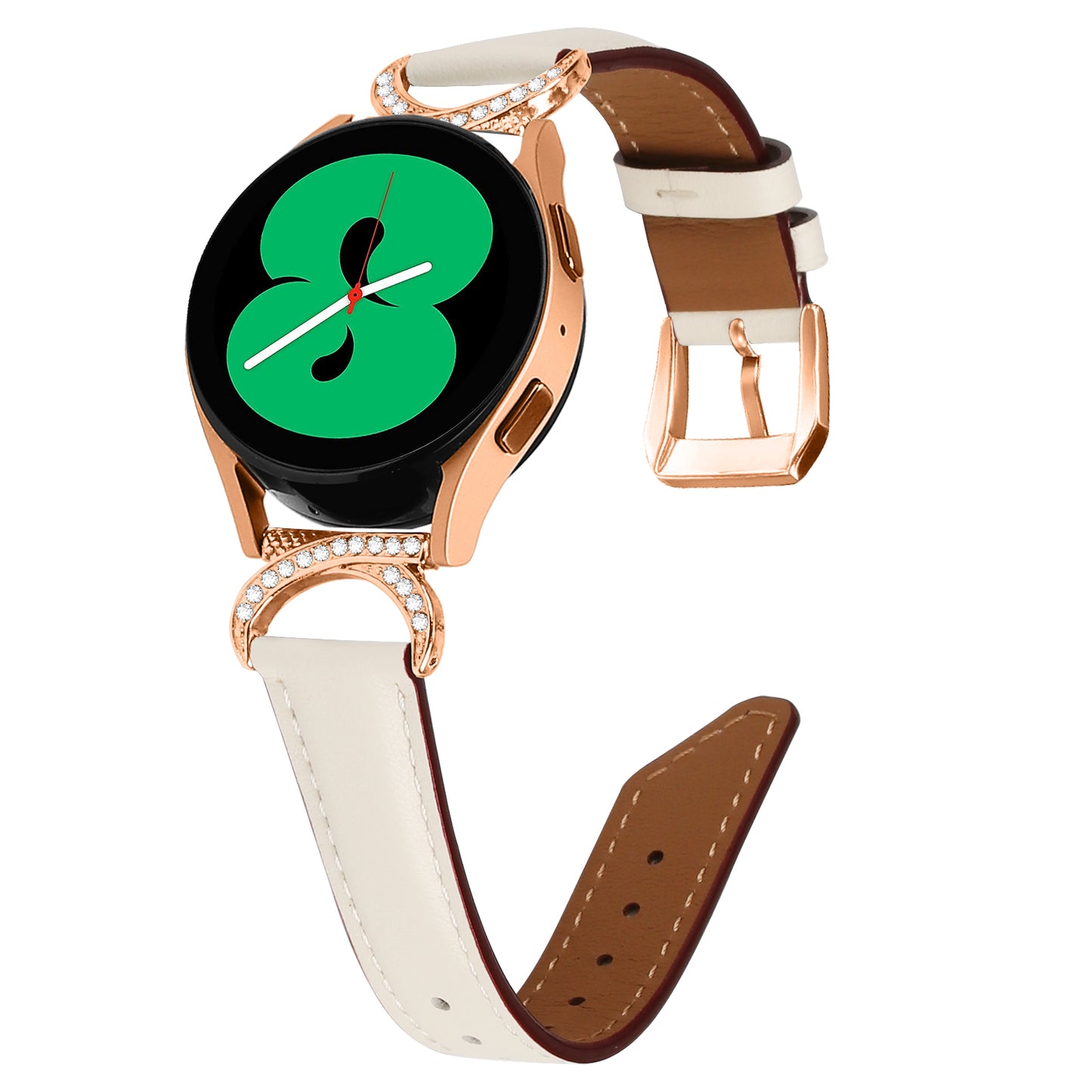 For Samsung Galaxy Watch 3 41mm / Watch 5 40mm / 44mm Split Leather Strap 20mm Rhinestone D-shape Connector Wrist Band with Rose Gold Buckle