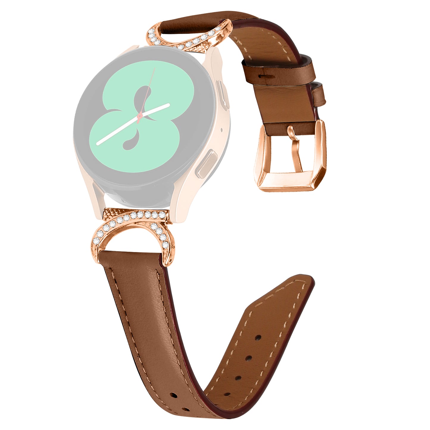 For Samsung Galaxy Watch 3 41mm / Watch 5 40mm / 44mm Split Leather Strap 20mm Rhinestone D-shape Connector Wrist Band with Rose Gold Buckle