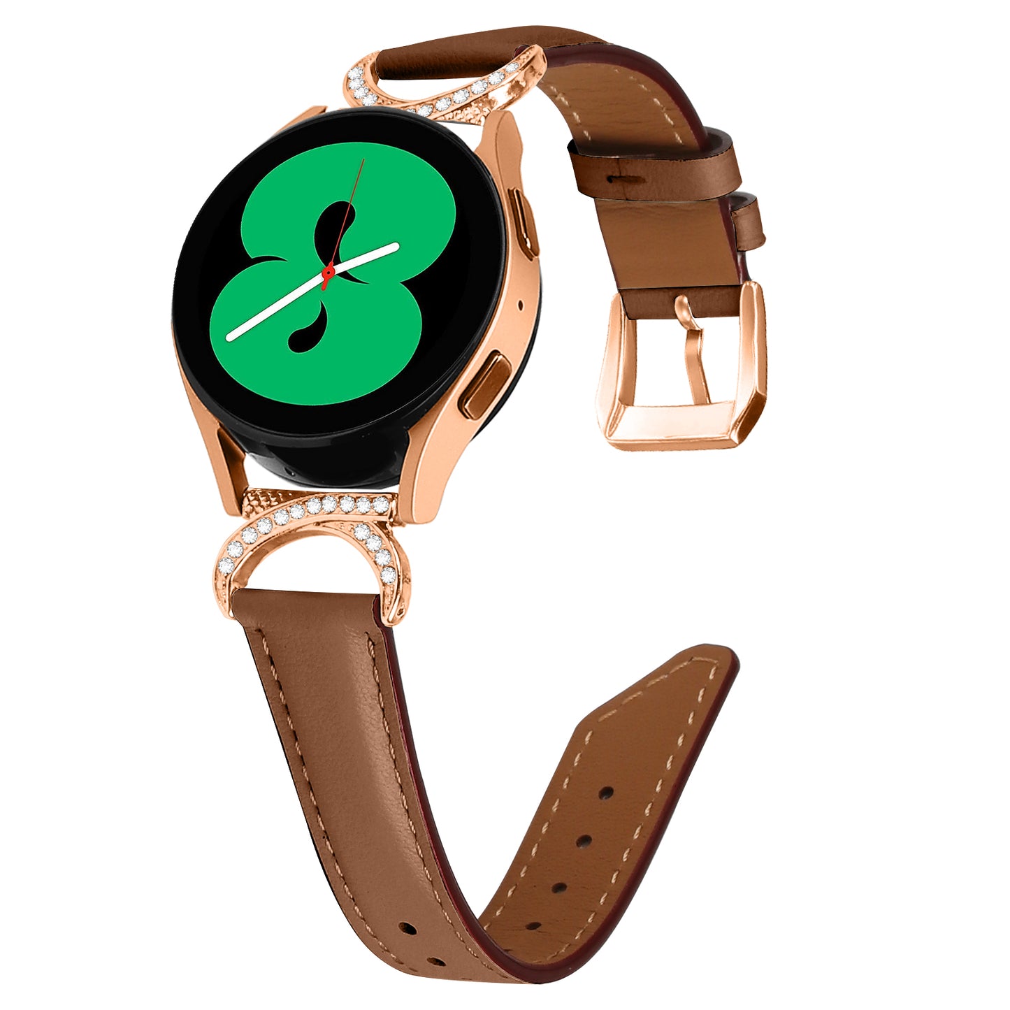 For Samsung Galaxy Watch 3 41mm / Watch 5 40mm / 44mm Split Leather Strap 20mm Rhinestone D-shape Connector Wrist Band with Rose Gold Buckle