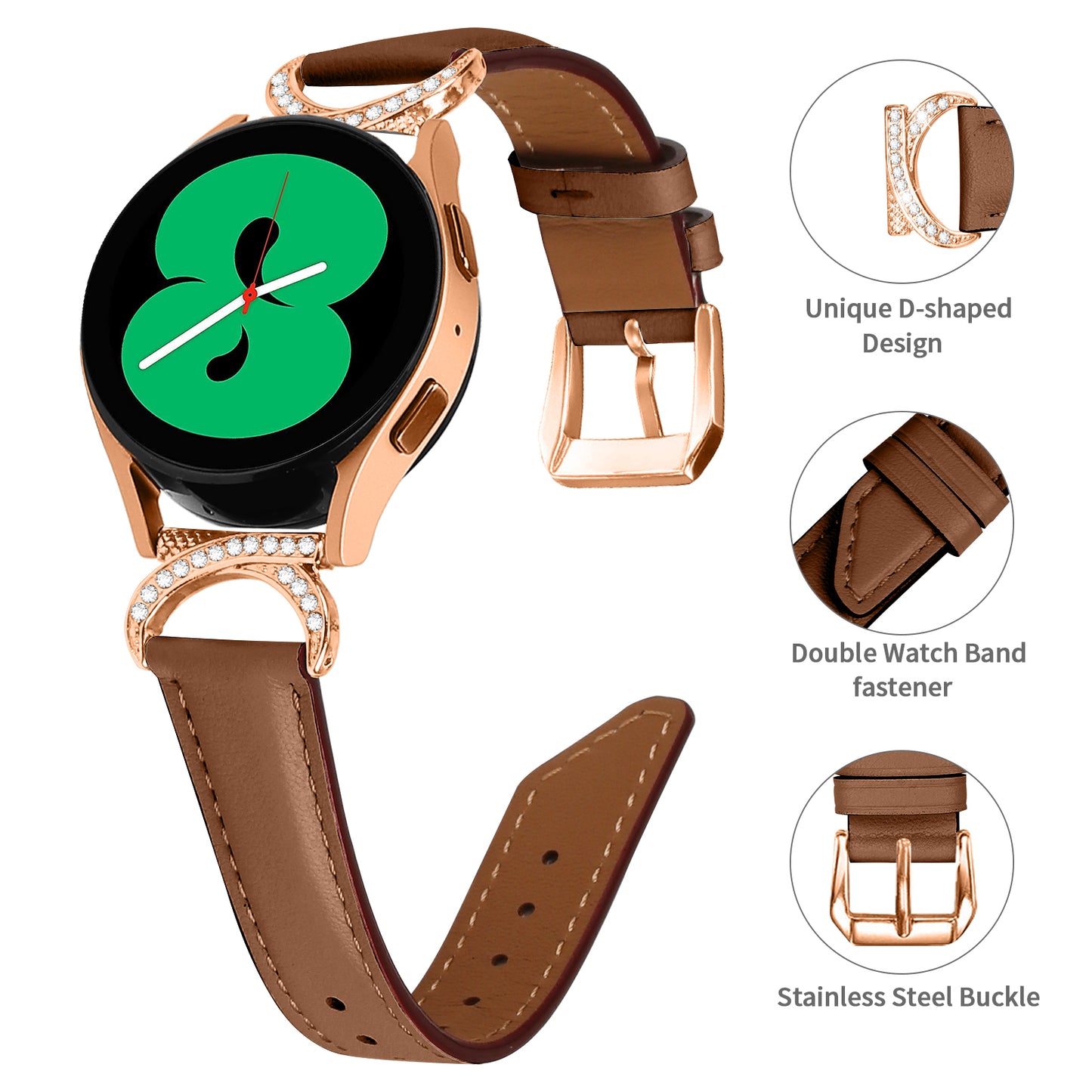 For Samsung Galaxy Watch 3 41mm / Watch 5 40mm / 44mm Split Leather Strap 20mm Rhinestone D-shape Connector Wrist Band with Rose Gold Buckle